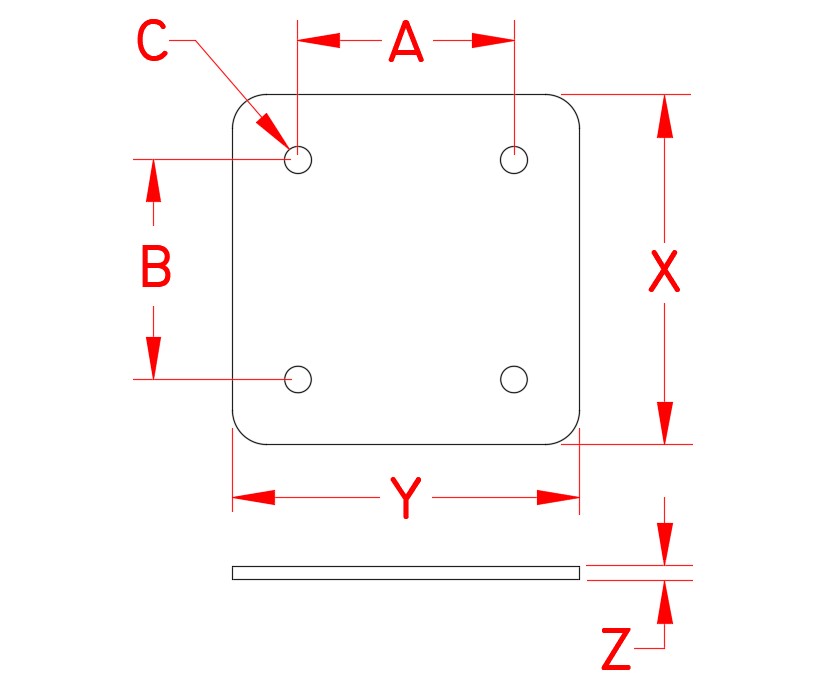 Stainless Steel Heavy Duty Square Back Plate, S3704-0001, Line Drawing Stainless Steel Heavy Duty Square Back Plate, S3704-0001, Line Drawing